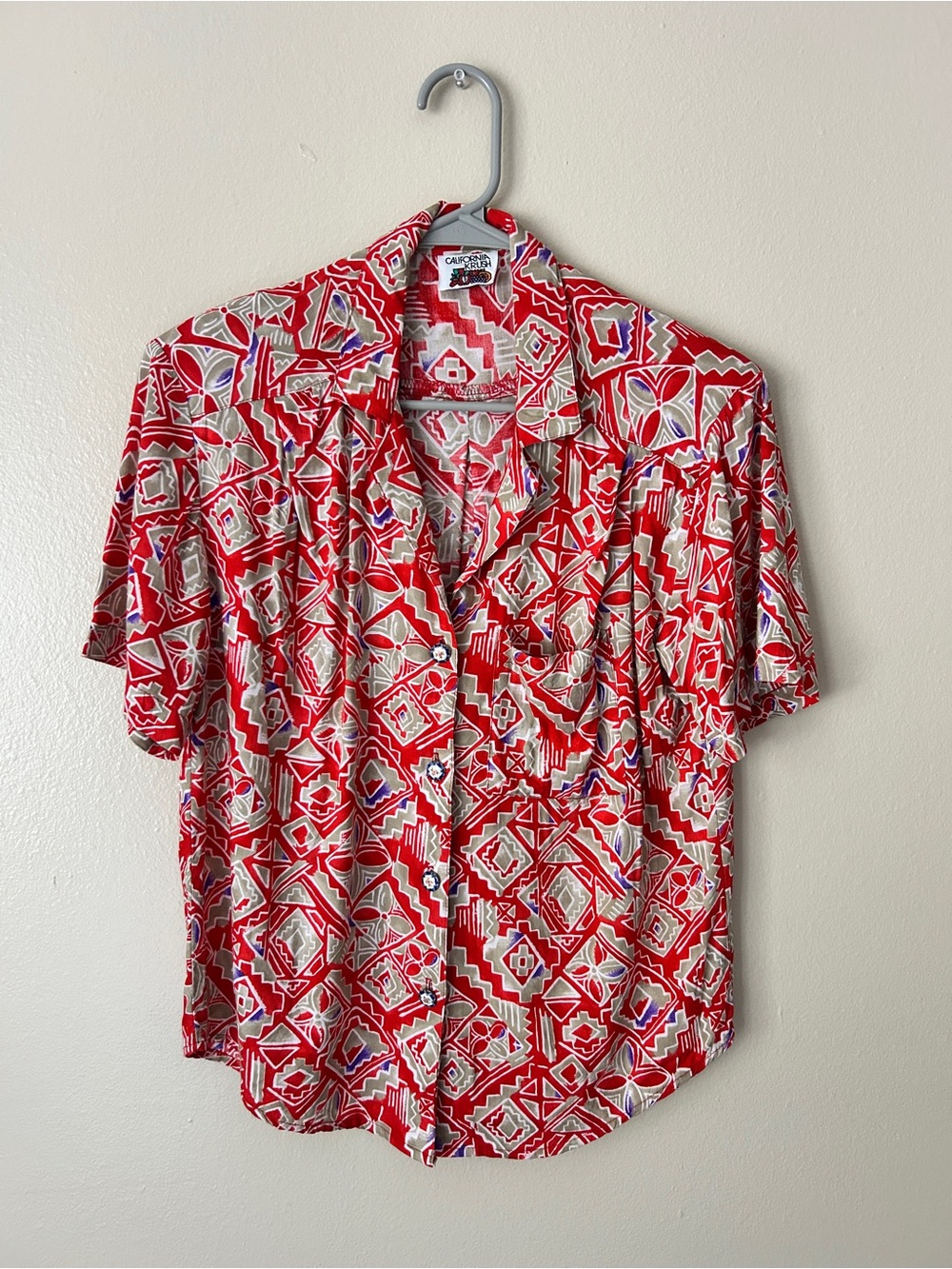 Vintage 80s 90s California Krush Geometric Shirt Red Abstract Camp Shoulder Pads